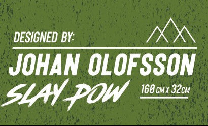 Green textured background with white text and mountain logo, featuring 'Johan Olofsson' and 'Slay Pow'.