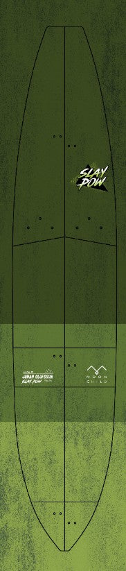 Diagram of a surfboard with branding on a green textured background