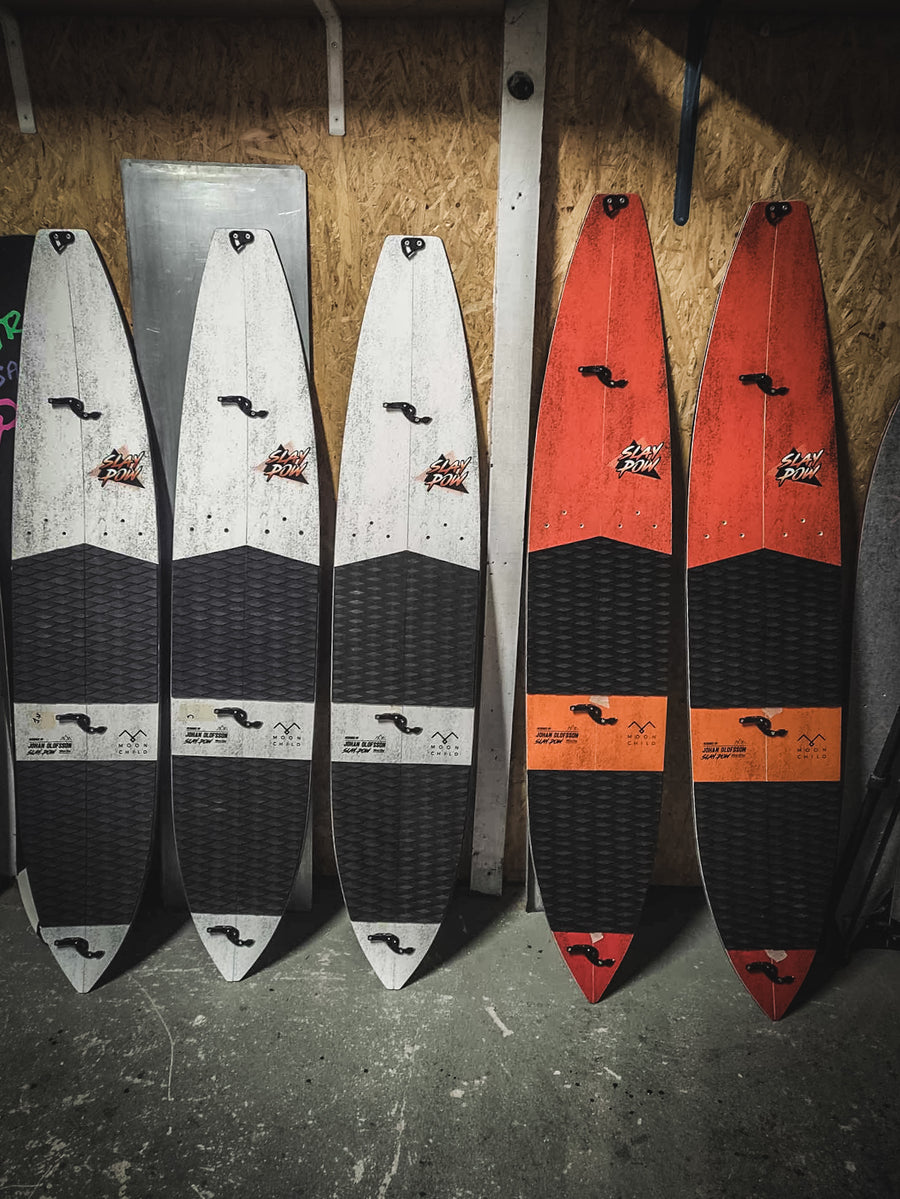 Five prototypes - Johan Olofsson x Moonchild powsurfs (splitsurfs) in different sizes and color schemes.
